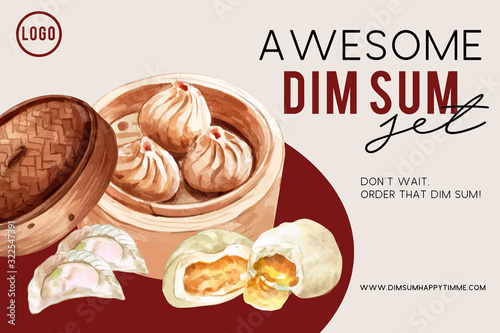 Dim sum frame design with dumpling, steamed bun watercolor illustration.