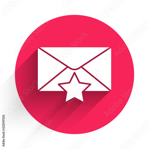 White Envelope with star icon isolated with long shadow. Important email, add to favourite icon. Starred message mail. Red circle button. Vector Illustration