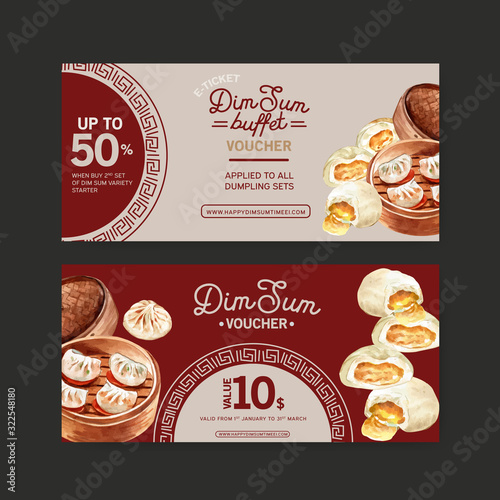 Dim sum voucher design with steamed bun watercolor illustration.