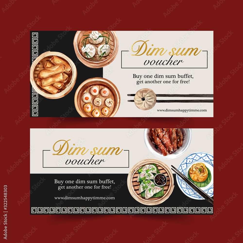 Dim sum voucher design with dumpling, spring roll watercolor illustration.