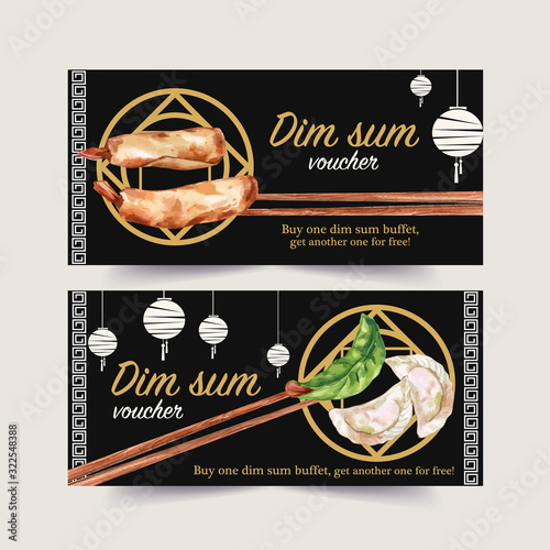 Dim sum voucher design with spring roll, dumpling watercolor illustration.