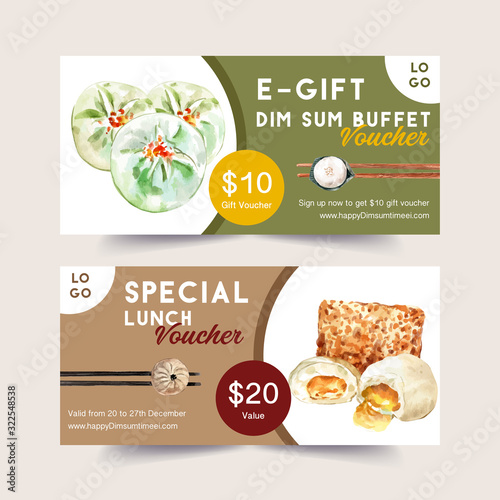Dim sum voucher design with steamed bun watercolor illustration.