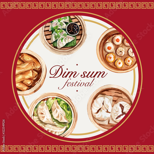 Dim sum wreath design with dumpling, spring roll watercolor illustration.