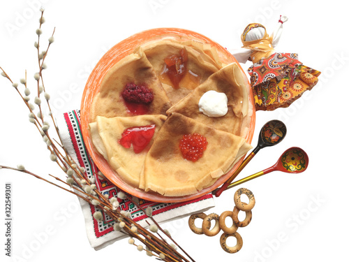 Canvas Print Background with pancakes, textile doll and pussy-willow isolated on white for Maslenitsa festival