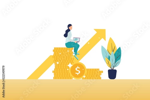 Financial consultant leaning on a stack of coins smiles friendly and waves with hand. Successful investor or entrepreneur. Financial consulting, investment and savings. Modern vector illustration.