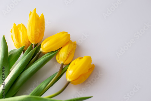A bouquet of yellow tulips lies in the upper left corner on a white background