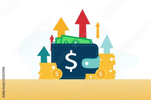 Wallet full of money, revenue increase, high interest rate, income growth, budget profit, financial fund growth, raise capital, investment portfolio, vector flat illustration