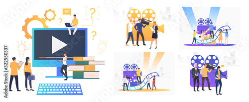 TV broadcast set. Cameraman, director, reporter crew making reportage at camera. Flat vector illustrations. Video, film making concept for banner, website design or landing web page