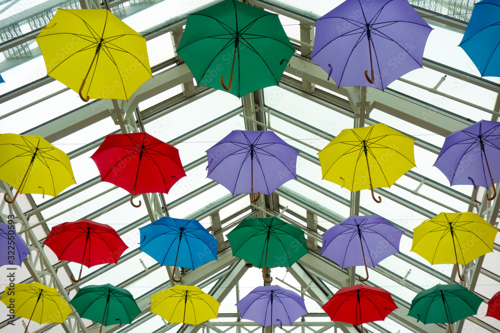 Colourful Umbrellas As Decoration In The Air With Glass Ceiling Celebration and Decoration