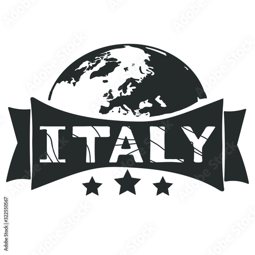 Italy - grey isolate inscription and globe map. Italy is country of Europe. For app, banners, posters souvenirs and prints on clothing.