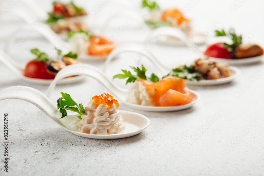 portioned snacks canapes and sandwiches with meat, cheese and vegetables