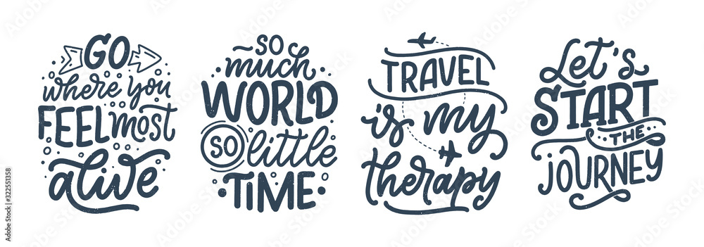 Plakat Set with travel life style inspiration quotes, hand drawn lettering posters. Motivational typography for prints. Calligraphy graphic design element. Vector illustration