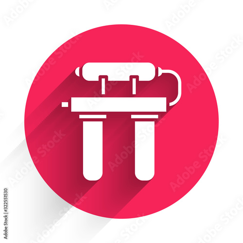 White Water filter icon isolated with long shadow. System for filtration of water. Reverse osmosis system. Red circle button. Vector Illustration