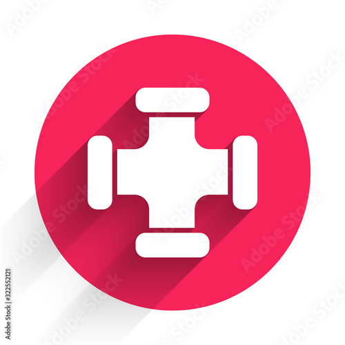 White Industry metallic pipe icon isolated with long shadow. Plumbing pipeline parts of different shapes. Red circle button. Vector Illustration