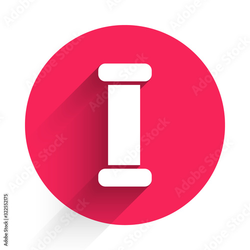 White Industry metallic pipe icon isolated with long shadow. Plumbing pipeline parts of different shapes. Red circle button. Vector Illustration