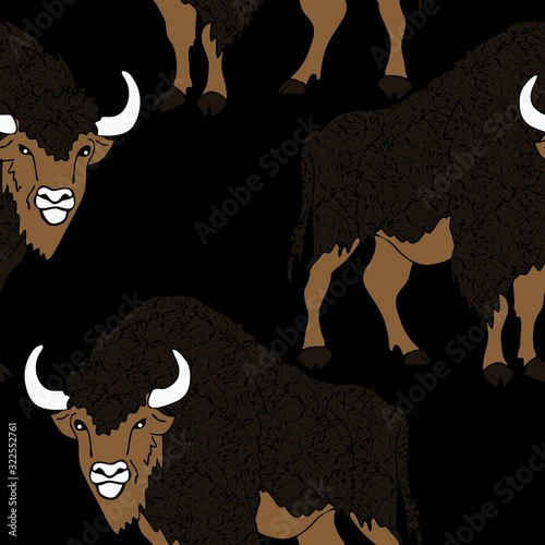 Seamless vector pattern with buffaloes on dark brawn background. Animal bison wallpaper design. Powerful angry Taurus repeat art.