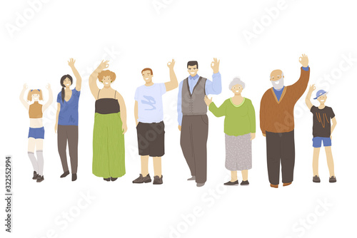 Group of happy joyfull different generation people, waving hands and showing OK sign. Kids, young man and woman, old people vector illustration, isolated on white background