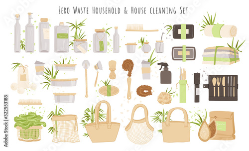 Vector set of kitchen, household and house cleaning Zero Waste Products. Lunch box, glass package, reusable bags, cutlery and householding brushes with bamboo, cotton decoratives. Ecology set.