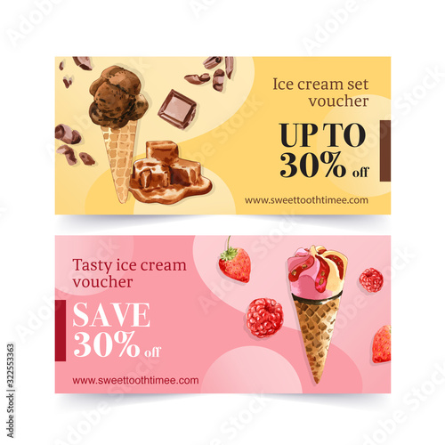 Ice cream voucher design with strawberry, chocolate watercolor illustration.
