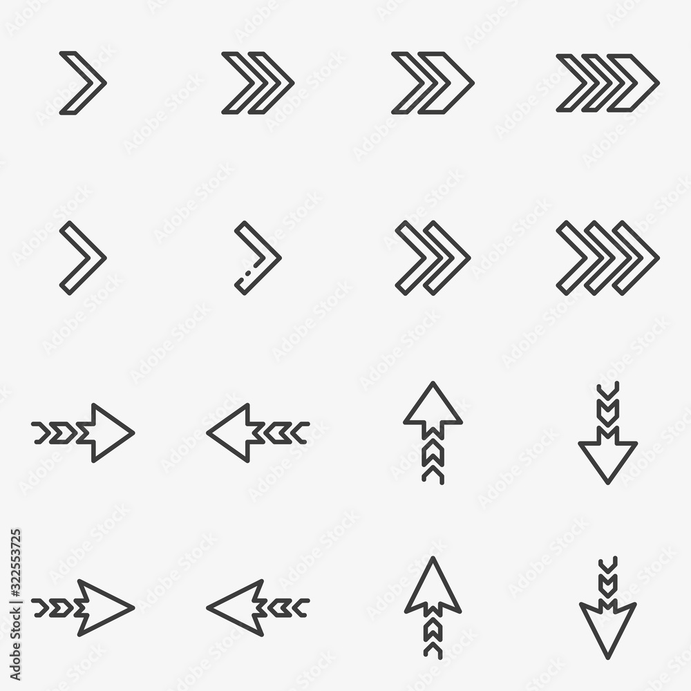 Set of arrow sign line black and white vector icon.