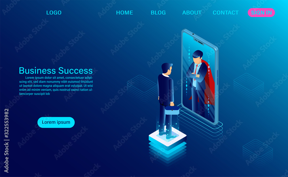 businessman in a suit standing looks in the mirror of the phone screen and sees there a superhero. business success concept. flat isometric vector illustration businessman in a suit standing looks in the mirror of the phone screen and sees there a superhero. business success concept. flat isometric vector illustration