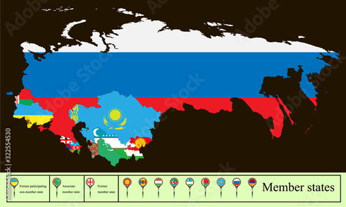 map of the Commonwealth of Independent State (CIS) with the Russian Crimea. Set creative markers with flags of states members of the CIS. photo