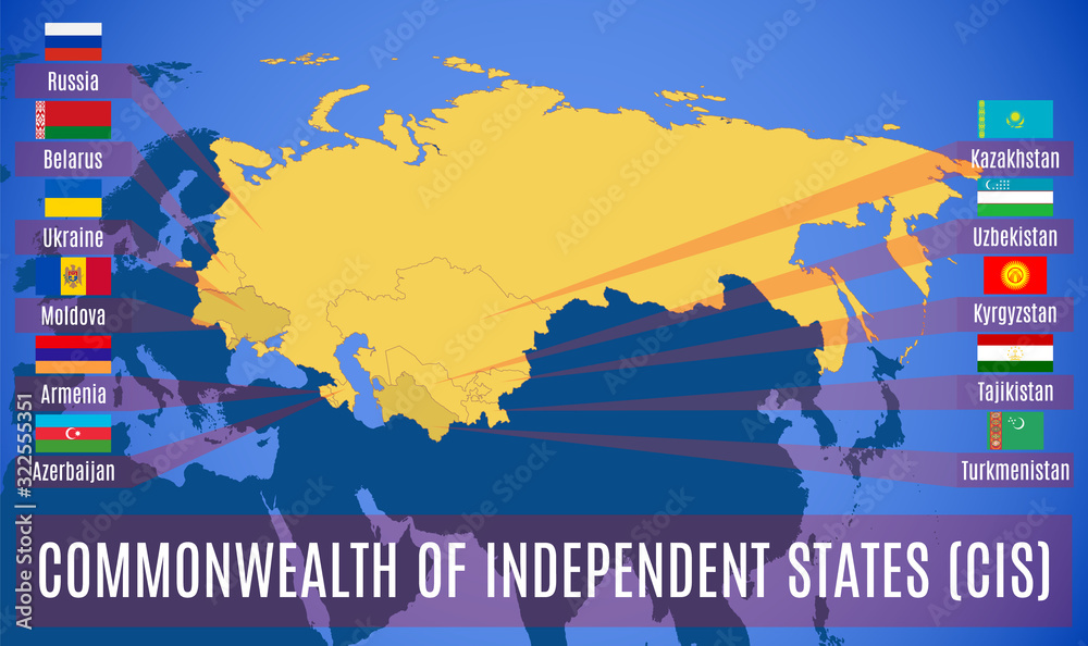 Map of the Commonwealth of Independent States (CIS). Flags of countries-members of CIS. Vector