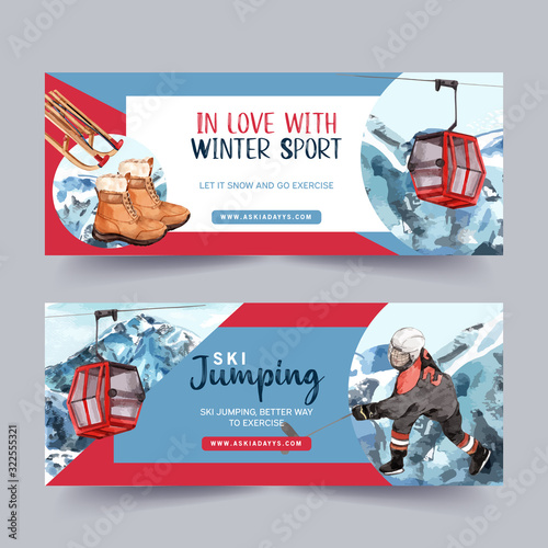 Winter sport banner design with boots, hockey, rickshaw watercolor illustration.