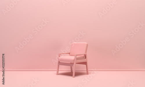 Single isolated chair in flat monochrome pink color background, single color composition, 3d Rendering