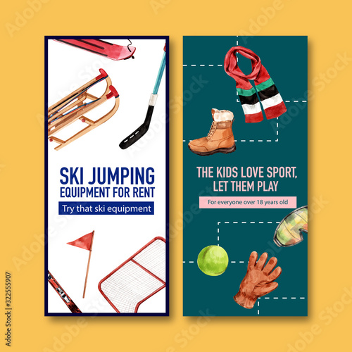 Winter sport flyer design with windproof glasses, boots watercolor illustration.