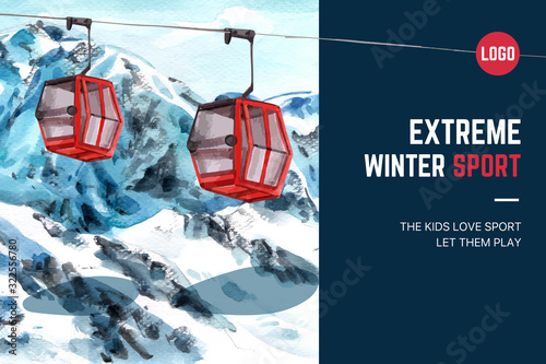 Winter sport frame design with ropeway watercolor illustration.