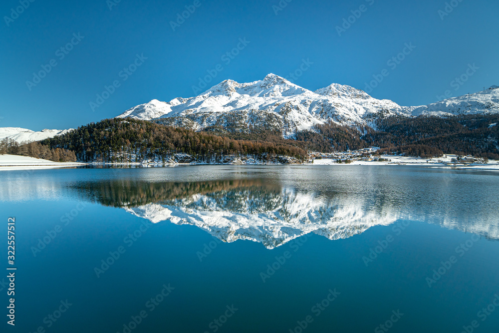 Reflection of a tall mountain range in a calm lake