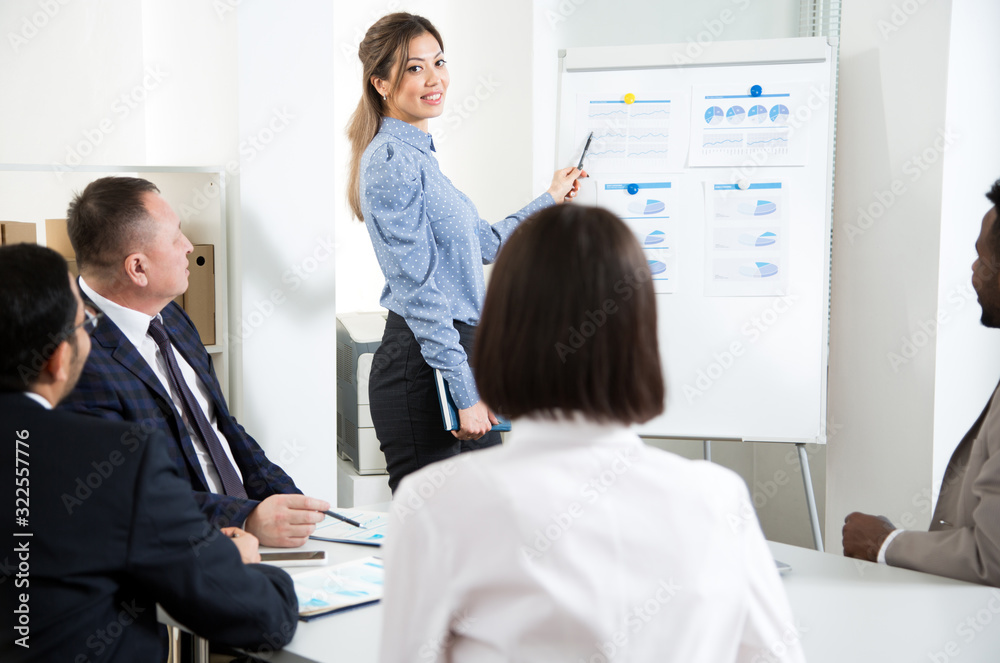 Group of mixed business people having a meeting using a white board in an office Group of mixed business people having a meeting using a white board in an office