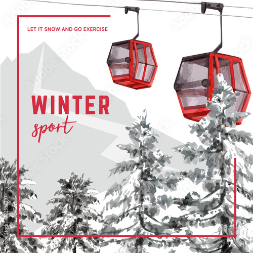 Winter sport social media design with ropeway watercolor illustration.