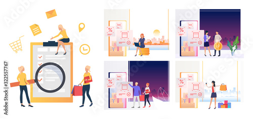 Online store sale set. Consumers holding shopping bags near phone screens with discount buttons. Flat vector illustrations. Commerce, retail concept for banner, website design or landing web page