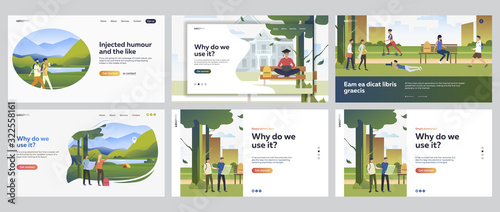 Summer outdoor activities set. People hiking in mountains, leisure time in city park. Flat vector illustrations. Active lifestyle, adventure concept for banner, website design or landing web page