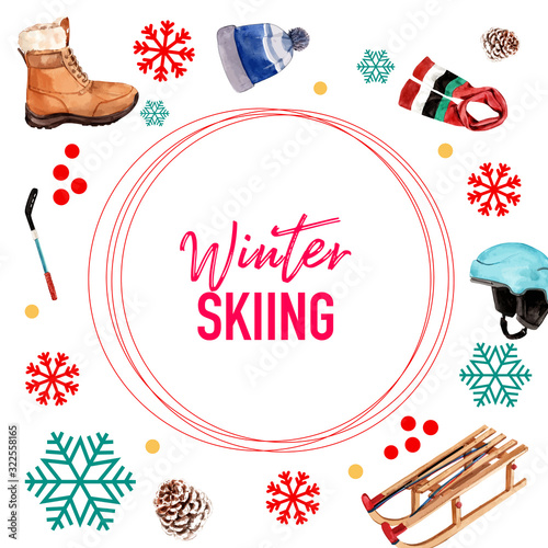 Winter sport social media design with helmet, ball, gloves watercolor illustration.