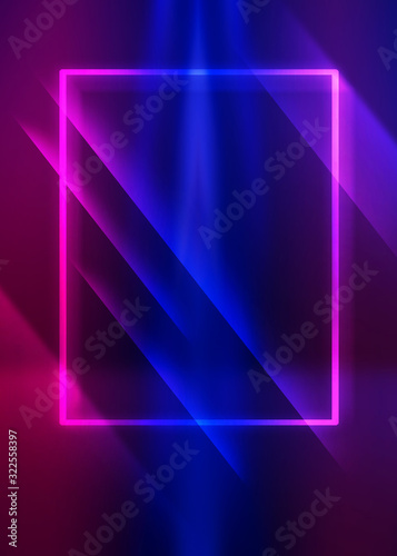 Dark abstract futuristic background. The geometric shape of the rectangle in the middle of the scene. Neon blue-pink rays of light on a dark background