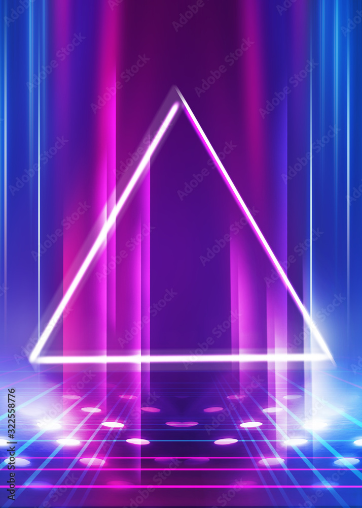 Dark abstract futuristic background. The geometric shape of a triangle in the middle of the scene. Neon blue-pink rays of light on a dark background Dark abstract futuristic background. The geometric shape of a triangle in the middle of the scene. Neon blue-pink rays of light on a dark background