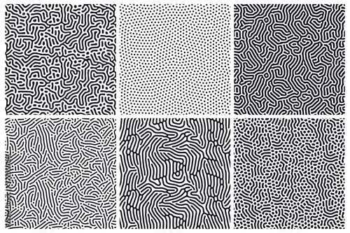 Set of organic seamless patterns with rounded lines, drips. Diffusion reaction background. Linear design with biological shapes. Structure of natural cells, maze, coral. Abstract vector illustration.