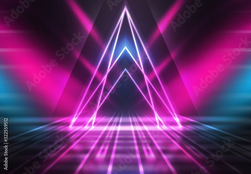 Abstract dark background of an empty scene with ultraviolet light. A neon light figure in the center of the scene. Empty Stage Background