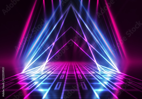 Abstract dark background of an empty scene with ultraviolet light. A neon light figure in the center of the scene. Empty Stage Background