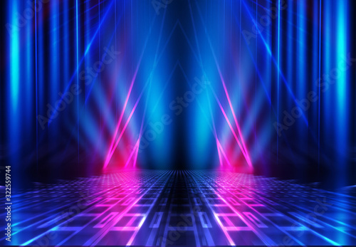 Abstract dark background of an empty scene with ultraviolet light. A neon light figure in the center of the scene. Empty Stage Background