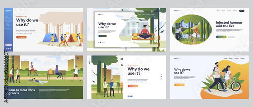 Healthy recreation set. People walking in park, camping, riding bikes. Flat vector illustrations. Outdoor activity, lifestyle, adventure concept for banner, website design or landing web page