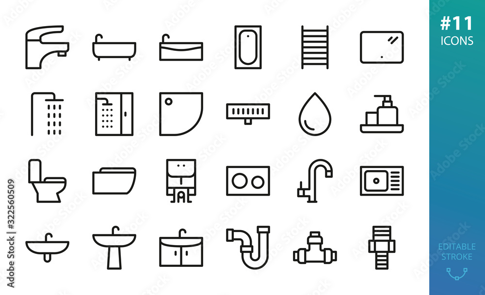 Sanitary Ware and Plumbing icons set. Set of bathroom icons, bath tub, heated rail, shower stand, shower stall, shower tray and drain, wash basin, faucet, toilet, kitchen sink,  cabinet vector icon