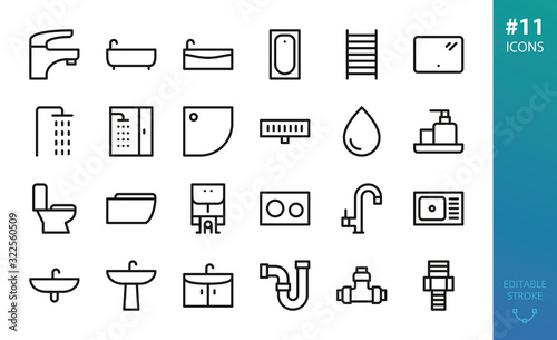 Sanitary Ware and Plumbing icons set. Set of bathroom icons, bath tub, heated rail, shower stand, shower stall, shower tray and drain, wash basin, faucet, toilet, kitchen sink, cabinet vector icon