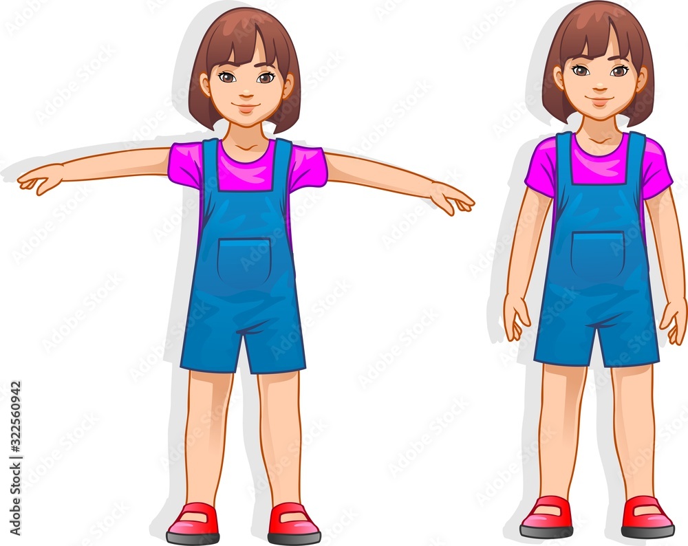 The young girl. Character for animation. Full growth with arms raised and lowered.