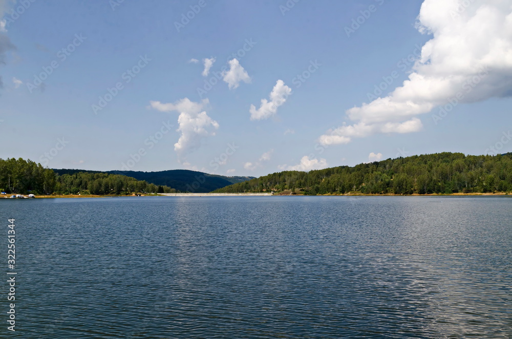 View of the wall built on the Vlasina river, where the artificial Vlasina mountain lake is formed, South eastern Serbia, Europe  