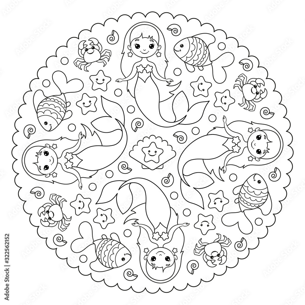 Coloring page mandala with mermaid, shell, crab, fish, star. Vector ...