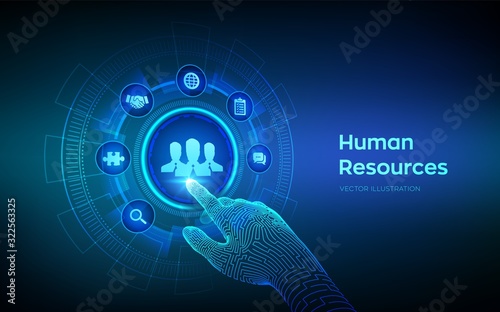Human Resources. HR management, recruitment, employment, headhunting business concept. Human social network and leadership. Robotic hand touching digital interface. Vector illustration.